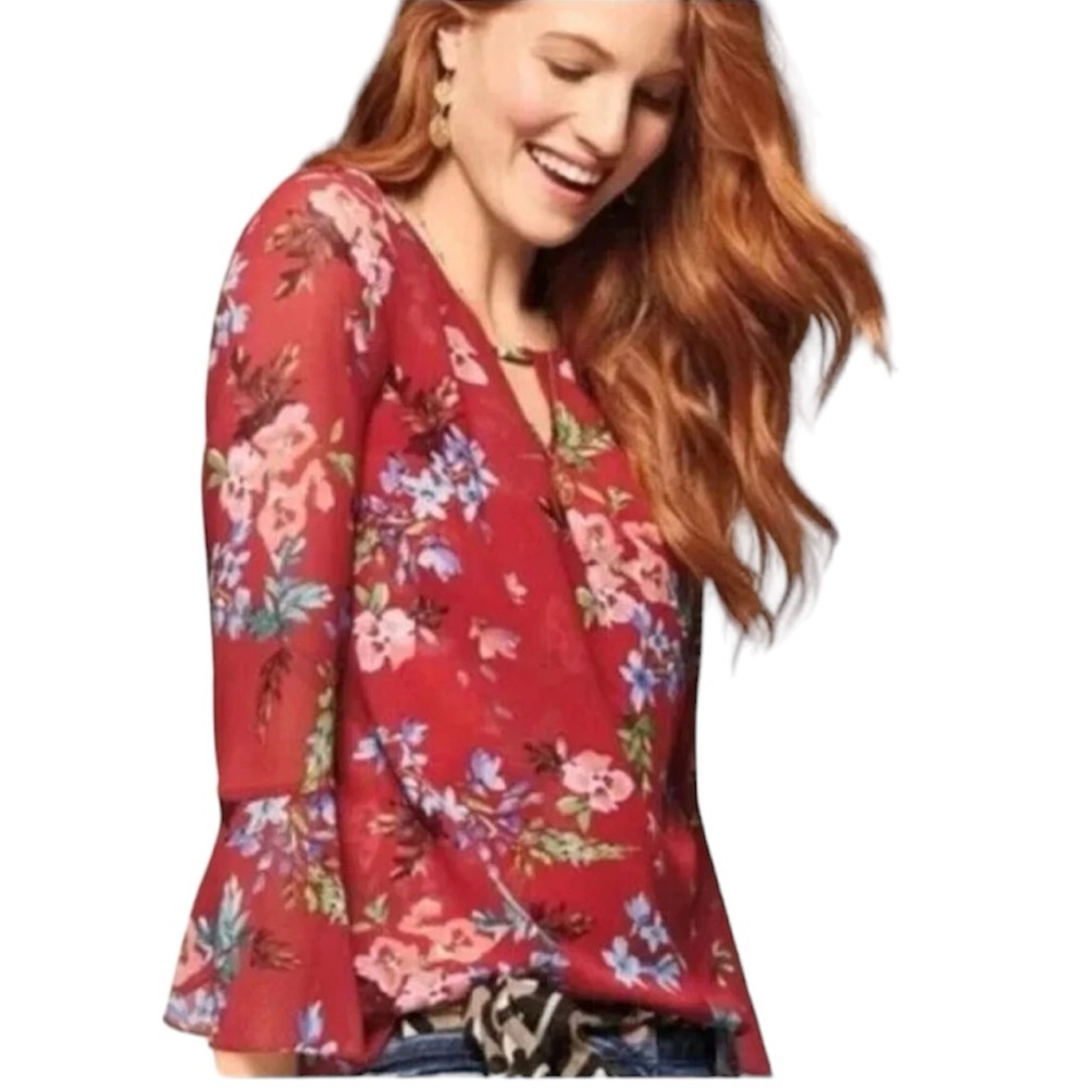 CAbi Red Floral Devoted Women’s Semi Sheer Bell Sleeve Blouse Top Shirt small